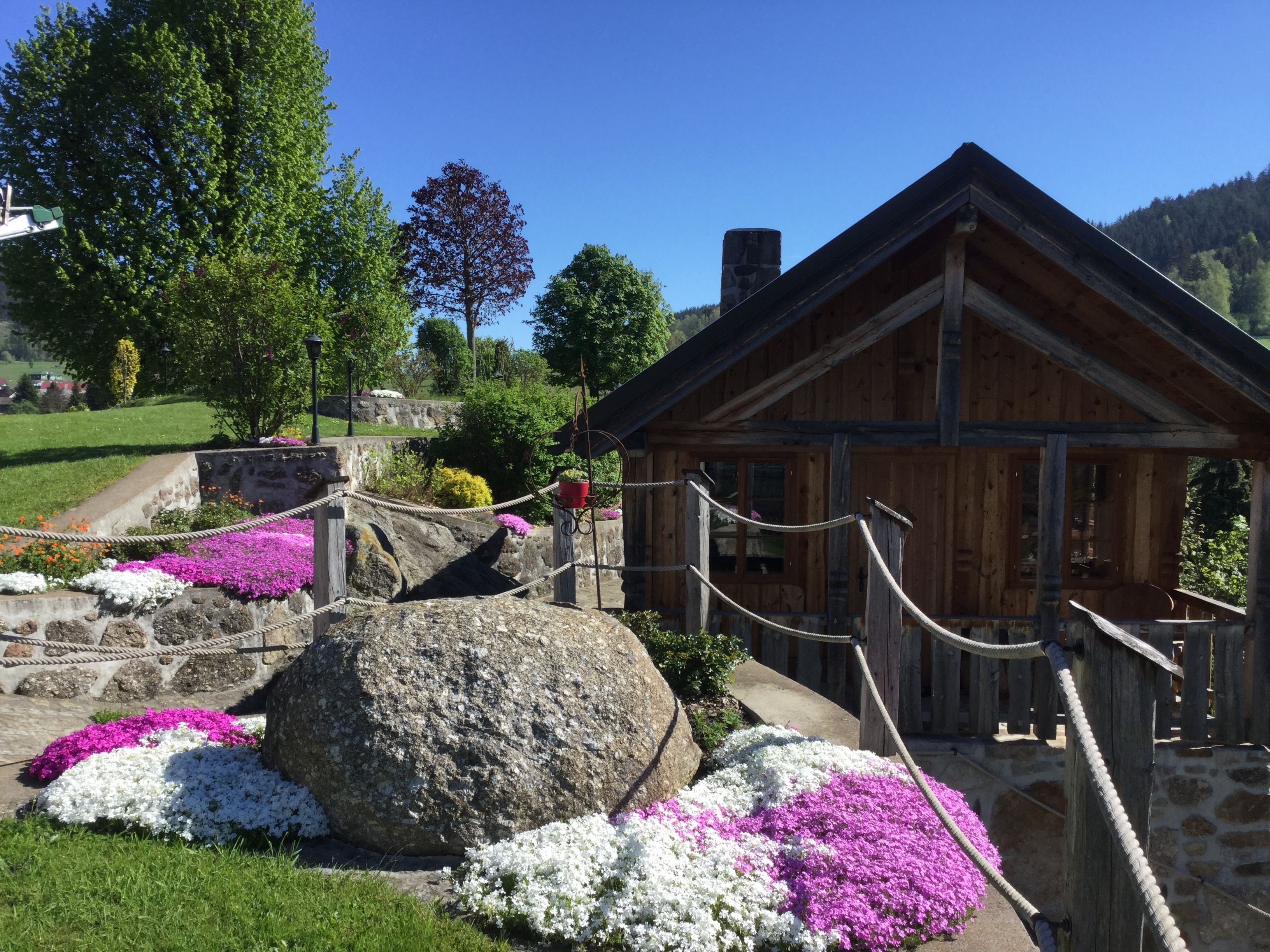 Ein schöner Garten mit blühenden Polsterpflanzen, im Hintergrund eine Scheune.