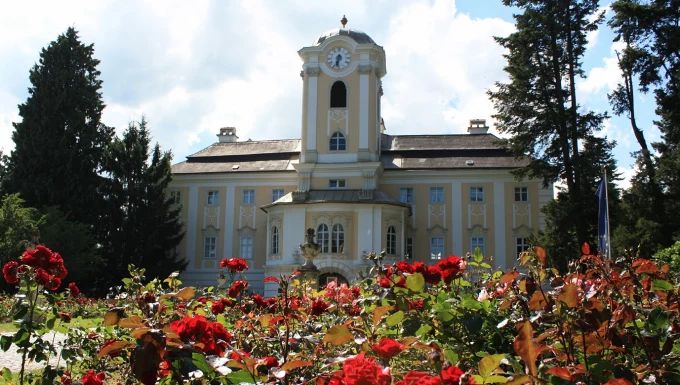 Schloss Rosenau mit blühenden roten Rosen im Vordergrund.