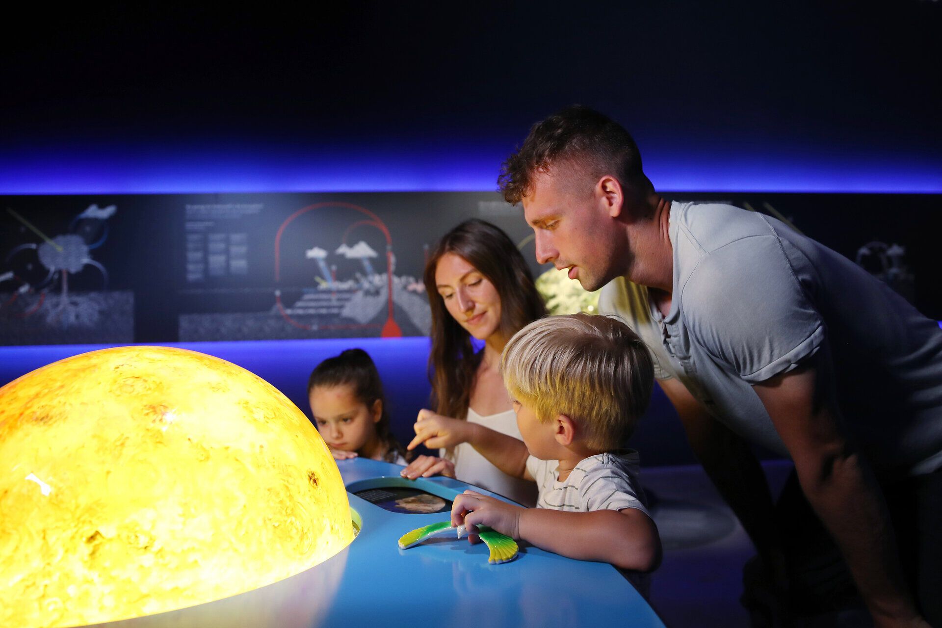 Eine Familie in der Sonnenwelt Großschönau, sie schauen sich ein Modell mit Himmelskörpern an.